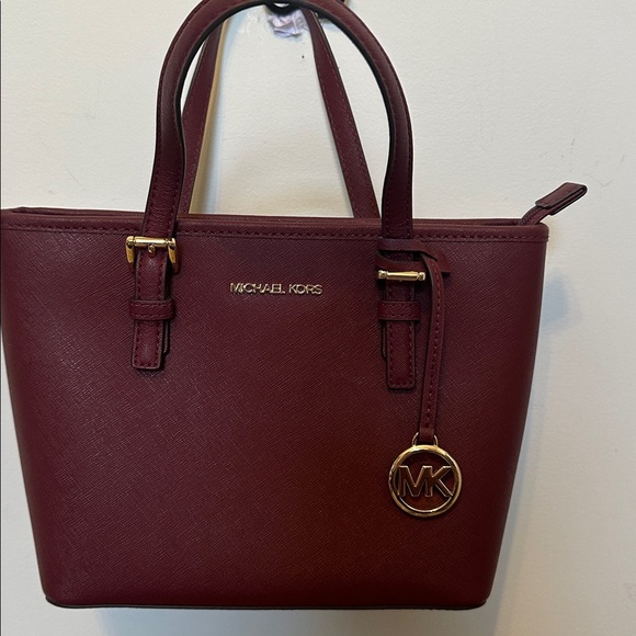 Michael Kors Handbags - Jet Set Travel Small Saffiano Leather Top-Zip Tote Bag-Dark Cherry 🍒